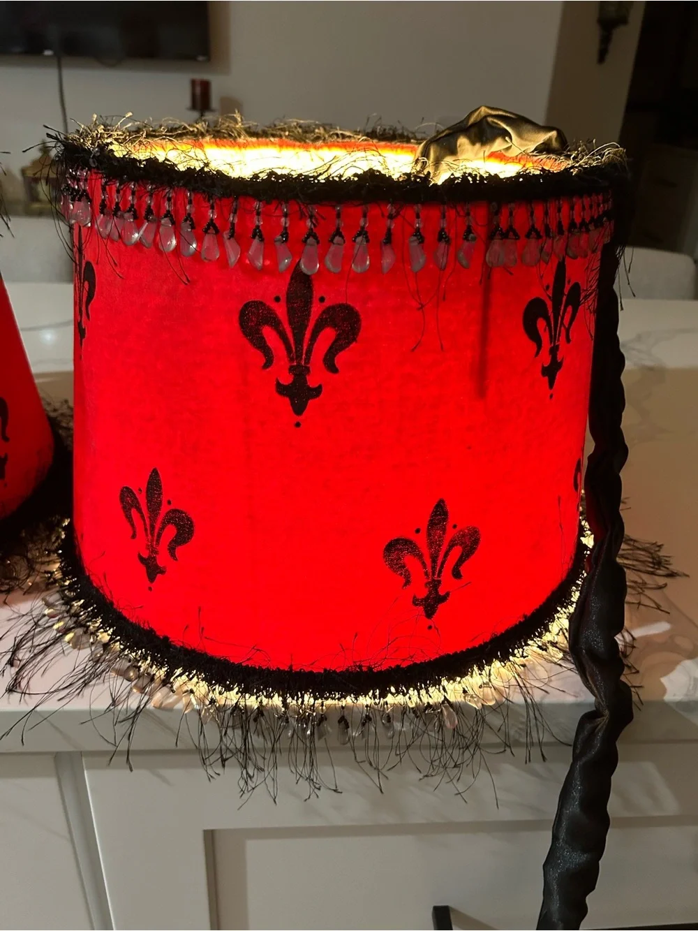 2 Red & Black Fleur-de-Lis Decorative Electrical Lamp Shades